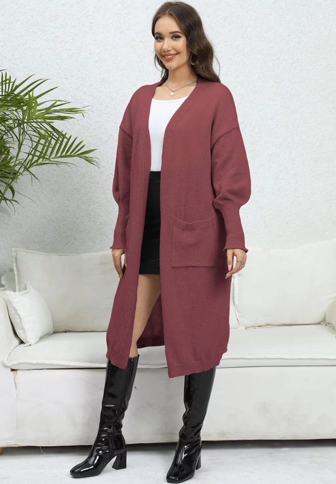 ASTRADAVI Dames Mode - Lang Gebreid Vest met 2 Zakken - One Size - Wijnrood