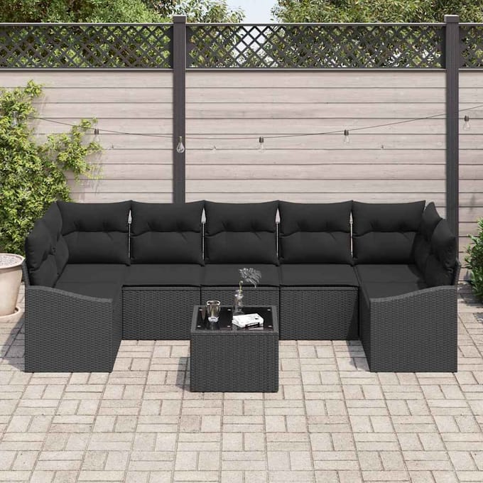 vidaXL Bankstel met kussen met opslag 8 pcs Zwart poly rattan