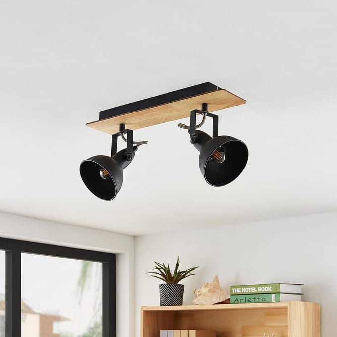 Lindby - buitenspot - 2lichts - Staal, hout - H: 16.5 cm - E14 - zwart, licht hout
