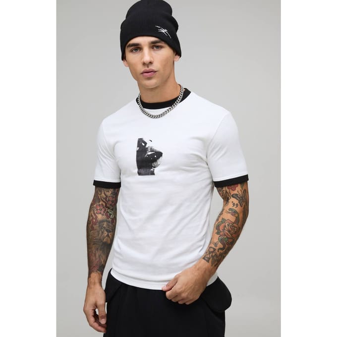Muscle Boxy Fit Lips Printed Ringer T-Shirt | White | Size Medium