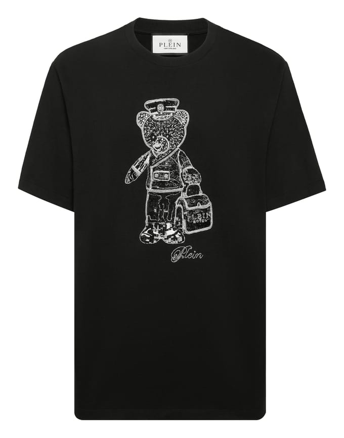 Black White Round Neck T-Shirt Teddy Bear