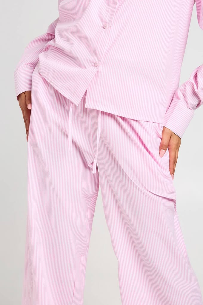 boohoo Dames Katoenen Poplin Gestreepte Wijde Broek | Roze | Maat: 38