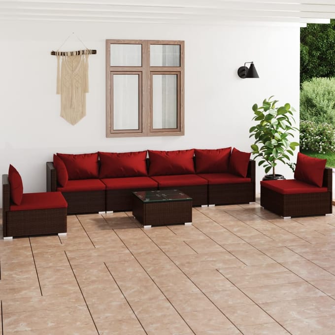 vidaXL - 7-delige - Loungeset - met - kussens - poly - rattan - bruin