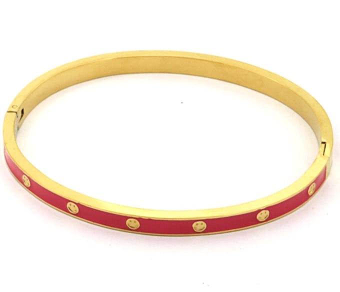 Armband Dames - Bangle Smileys - RVS - One Size - Goudkleurig en Roze