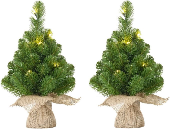 2x Mini kunst kerstboom met 15 LED lampjes 60 cm - Mini kerstboompjes