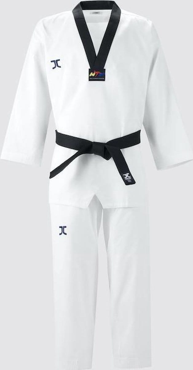 Taekwondo-pak dan (dobok) JC-Club | WT | Wit / Zwart (Maat: 120)