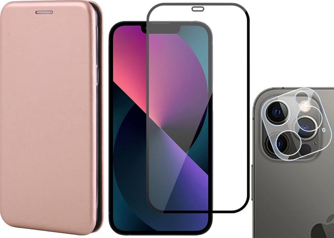 Hoesje geschikt voor iPhone 13 Pro - Portemonnee Book Case - Roségoud - Met Full Screenprotector en Camera Screen Protector
