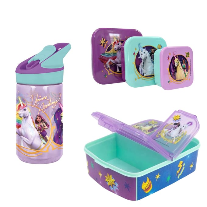 Unicorn Academy lunchset; lunchbox, snackbox en drinkfles