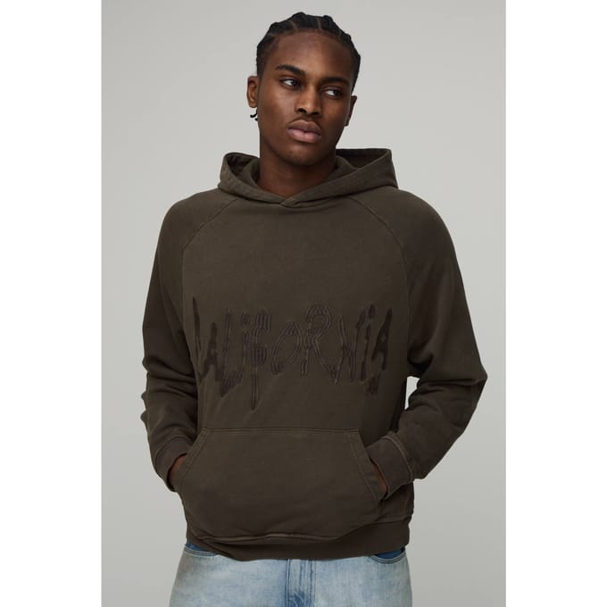 Oversized Gewassen Geborduurd Loopback Hoodie | Khaki | Size Medium