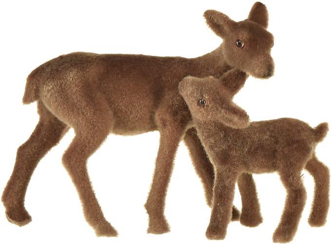Hertendecoratie bruin geflockt H9/5,5cm hert met reekalf 4 sets / 8 st