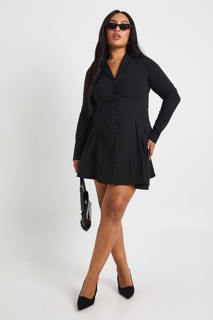 boohoo Dames Plus blazerjurk met lange mouwen en knoopsluiting | Zwart | Maat: 48
