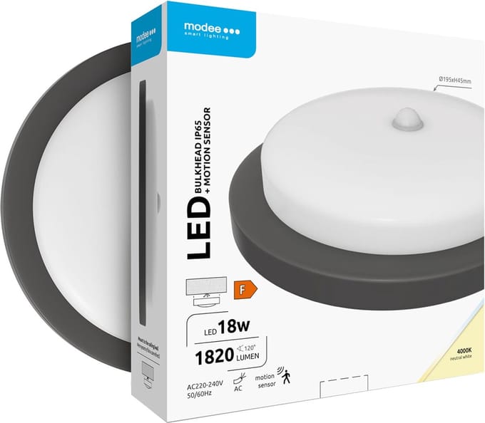 Modee LED Bulkhead Wandlamp 18W met Beweginssensor PIR - IP65 - 19.5cm - Neutraal Wit - Rond - Zwart