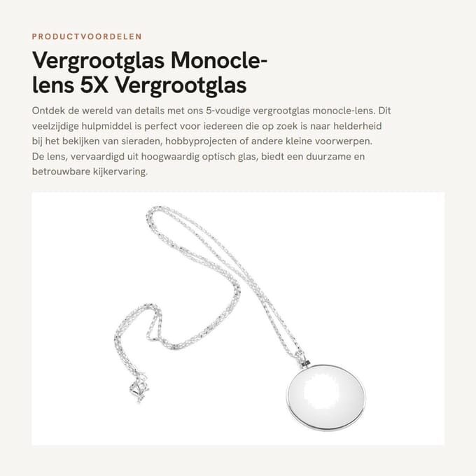 Dailygoods- Vergrootglas 5X - Monocle-lens - Ketting - Zinklegering - Duurzaam - Draagbaar formaat - Loep