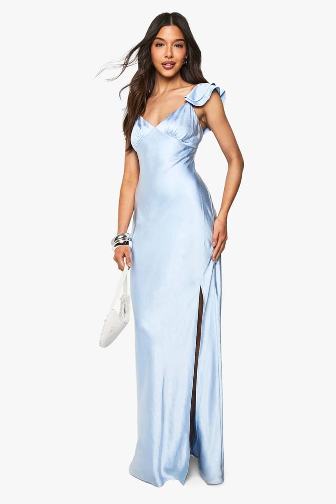 boohoo Dames Satijn Franje Mouw Split Maxi Jurk | Baby Blue | Maat: 14