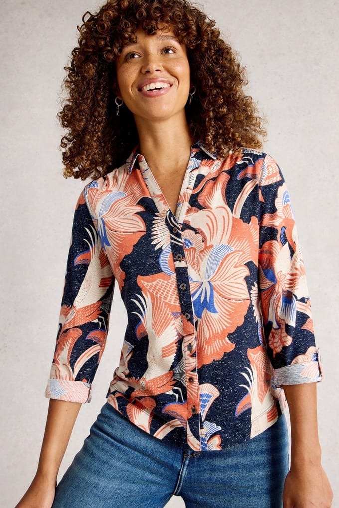 White Stuff Annie Printed Sparkle Shirt Navy Print Größe: 14 | Business hemden Outlet | Damen | Blau