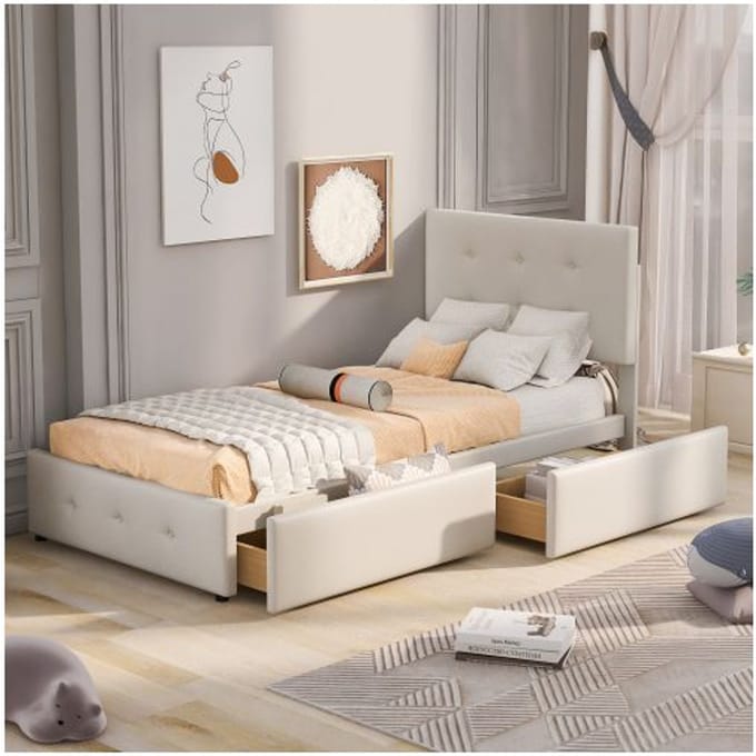 Lit - MUVOE - 90 x 200 cm - Rembourré - Tiroirs de rangement - Tissu velours doux