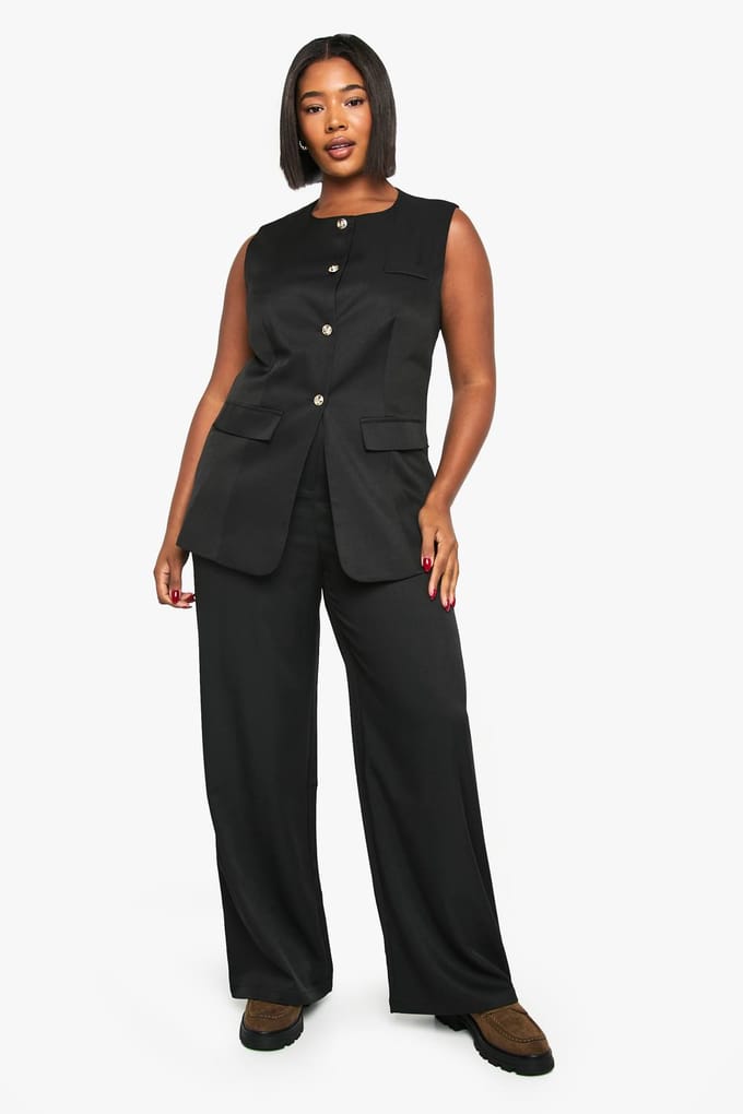 boohoo Dames Plus Goldknop Longline Weste | Zwart | Maat: 56