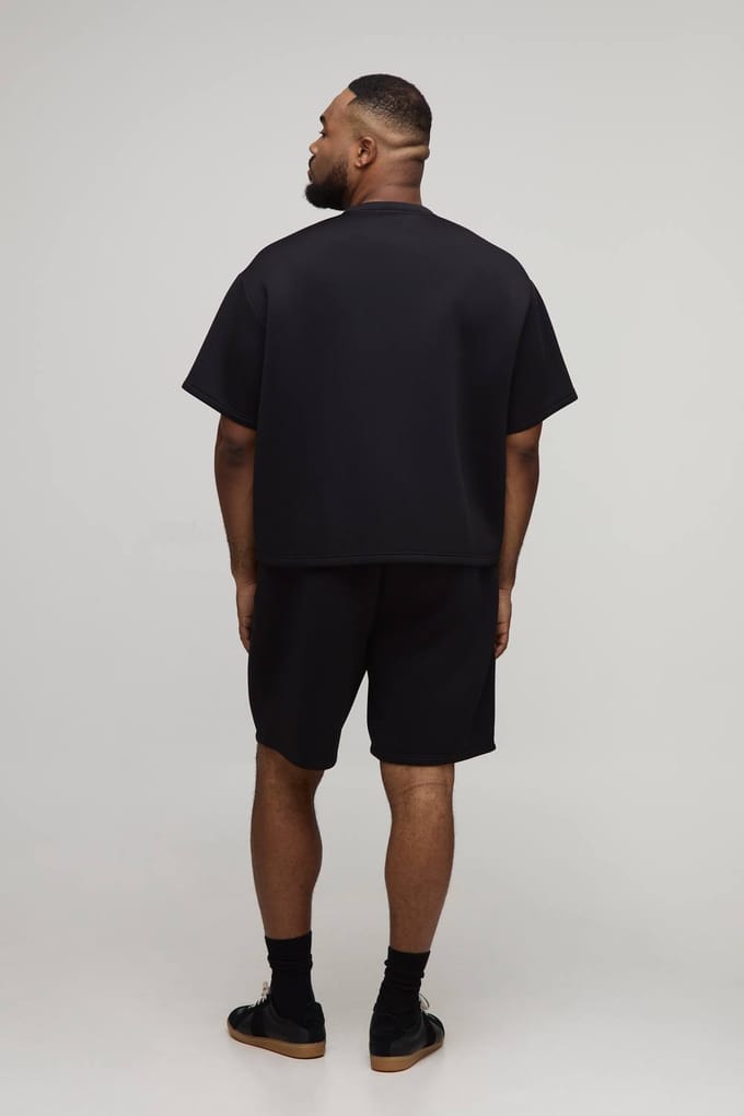 Plus Oversized Boxy Bonded Scuba T-Shirt & Relaxed Short Set | Black | Size 3XL