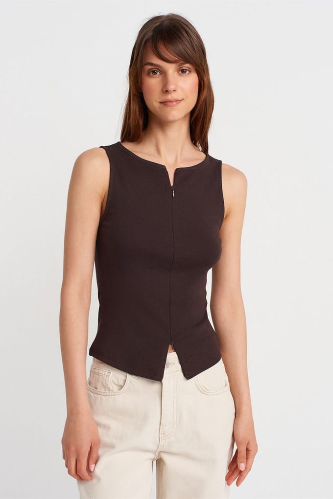 Mouwloze Slim-Fit Jersey Blouse Met Rits