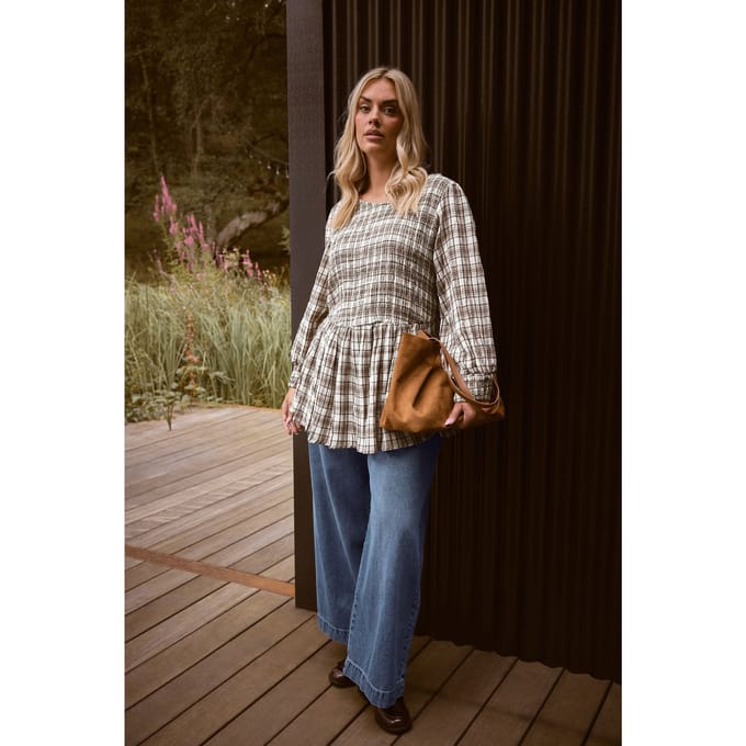 Yours Natural Brown Check Shirred Peplum Top Size 42