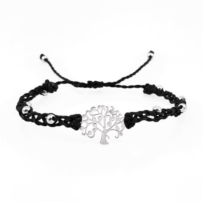 Handgemaakt Zwarte Macramé Armband - RVS Levensboom