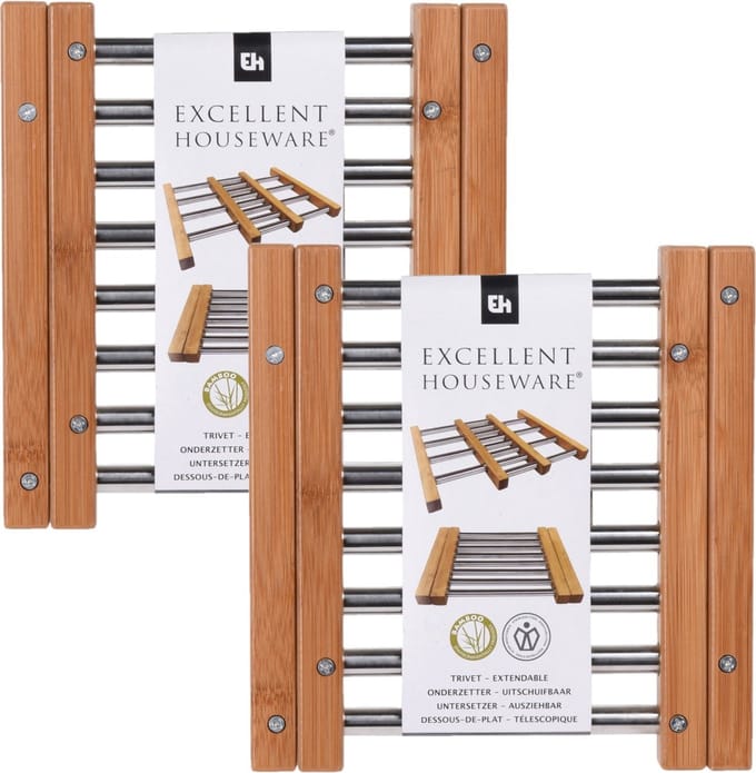 Excellent Houseware Panonderzetter - Set van 2x stuks - uitschuifbaar - 21 x 22 cm - bamboe en rvs - verstelbara