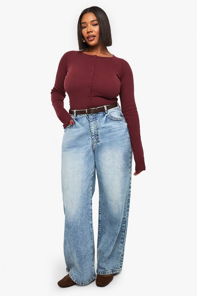 boohoo Dames Plus Button Down Top met lange mouwen | Bordeaux Rood | Maat: 52