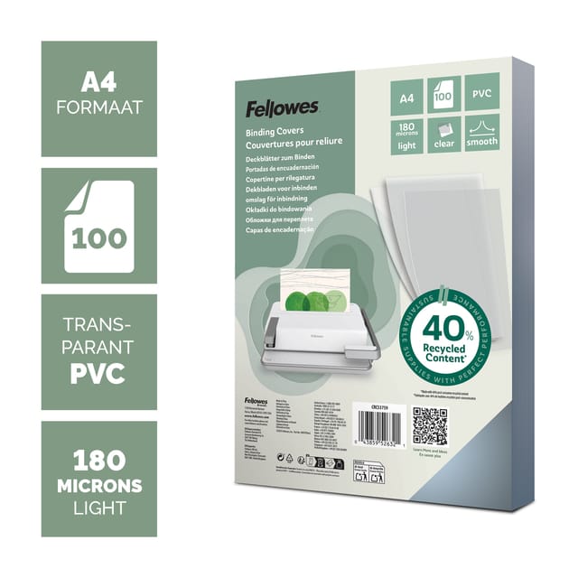 Fellowes dekblad pvc, transparant, A4, voor draad- en plasticinbindmachines, 180 µm, 100