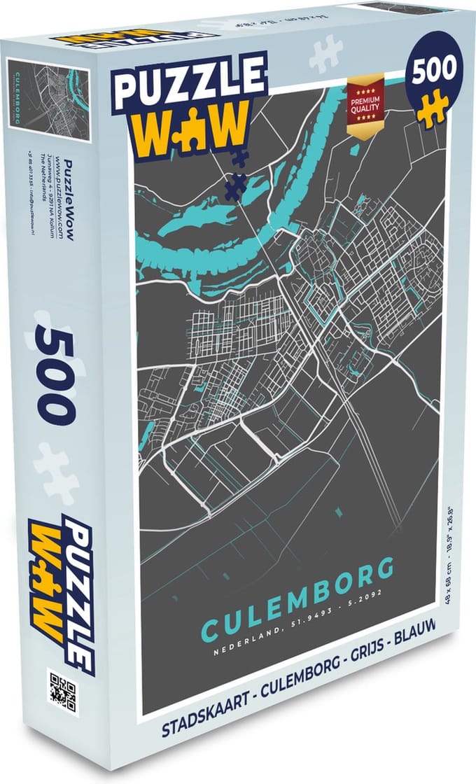 Puzzel Stadskaart - Culemborg - Grijs - Blauw - Legpuzzel - Puzzel 500 stukjes - Plattegrond