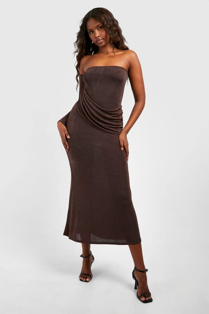 boohoo Dames Wrap Ruched Acetaat Slinky Maxi Jurk | Chocoladebruin | Maat: 44