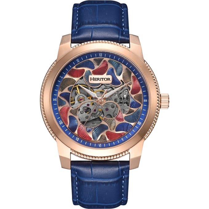 Heritor Automatic Emmanuel Semi-Skelet leren band horloge - Roségoud/Blauw