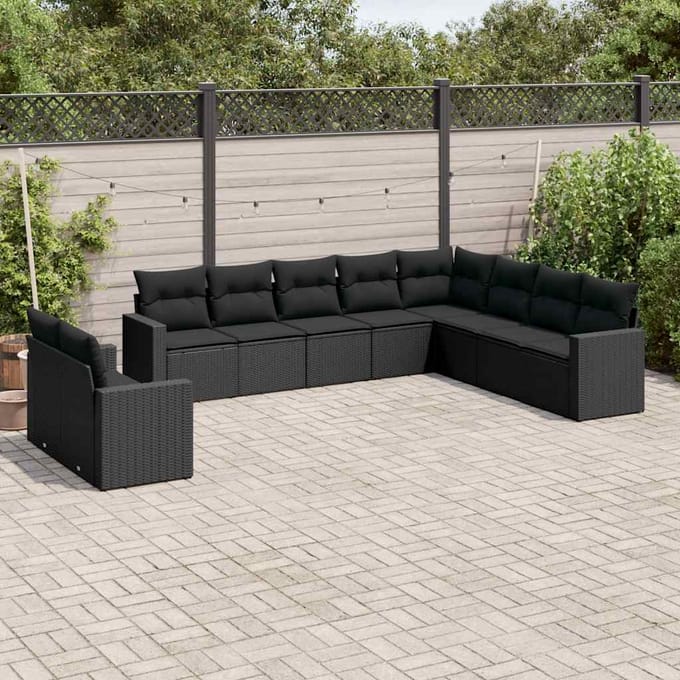 vidaXL - 10-delige - Loungeset - met - kussens - poly - rattan - zwart
