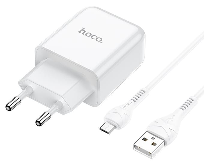 HOCO N2 Vigour - Compacte USB Oplader - Reislader - EU Plug - Universele 10W Lader + USB naar Micro-USB Kabel - Voor Samsung, Huawei, Android, etc. - Wit
