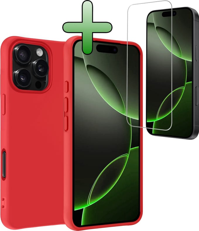 Hoesje Met Screenprotector - Geschikt voor Apple iPhone 16 Pro - Sterk & Shockproof - Back Cover - Siliconen Case - Telefoon Hoes - Rood