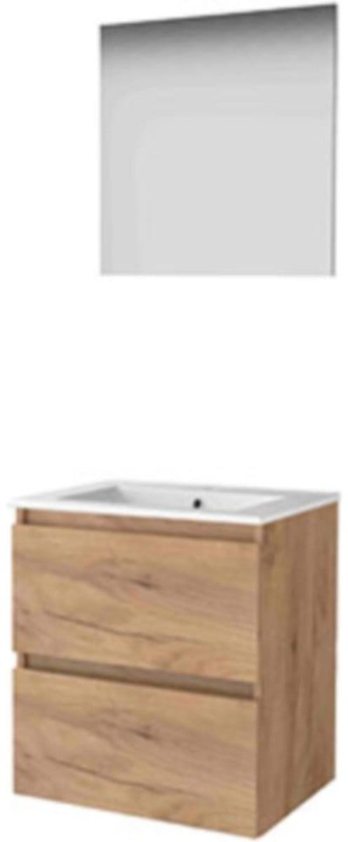 Basic-Line Basic 46 Badkamermeubelset - 60 x 46 cm - Greeploos - 2 Lades - Keramische Wastafel - 1 Kraangat - Spiegel - Whisky Oak