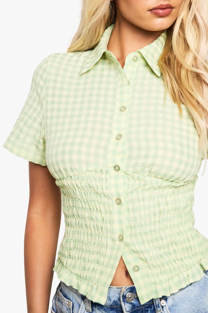 boohoo Dames Gingham shirt met geraffelde taille | Groente | Maat: 38