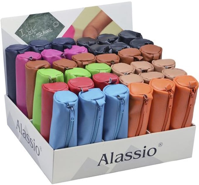 Juscha Display met etuis van Alassio. Echt leer. Assorti kleuren