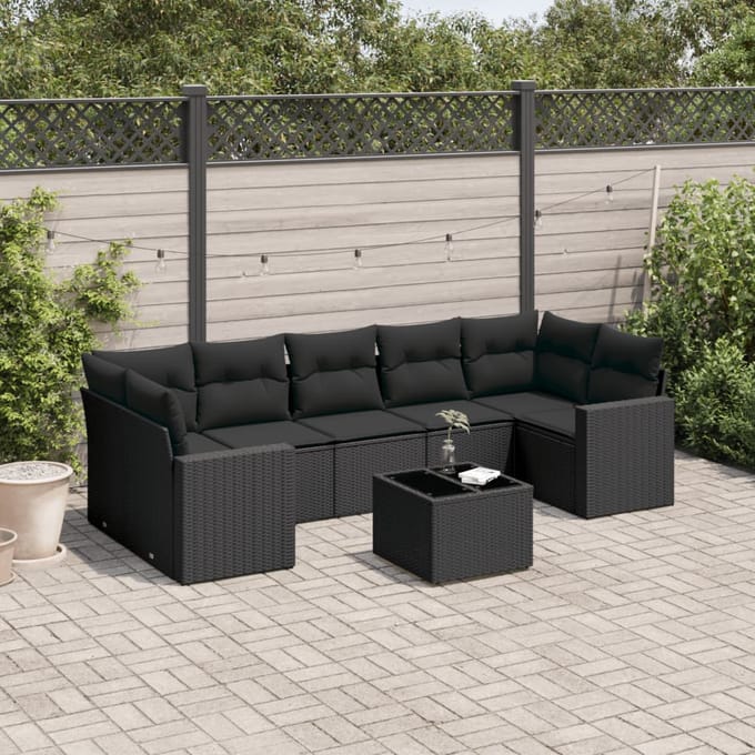 vidaXL - 8-delige - Loungeset - met - kussens - poly - rattan - zwart