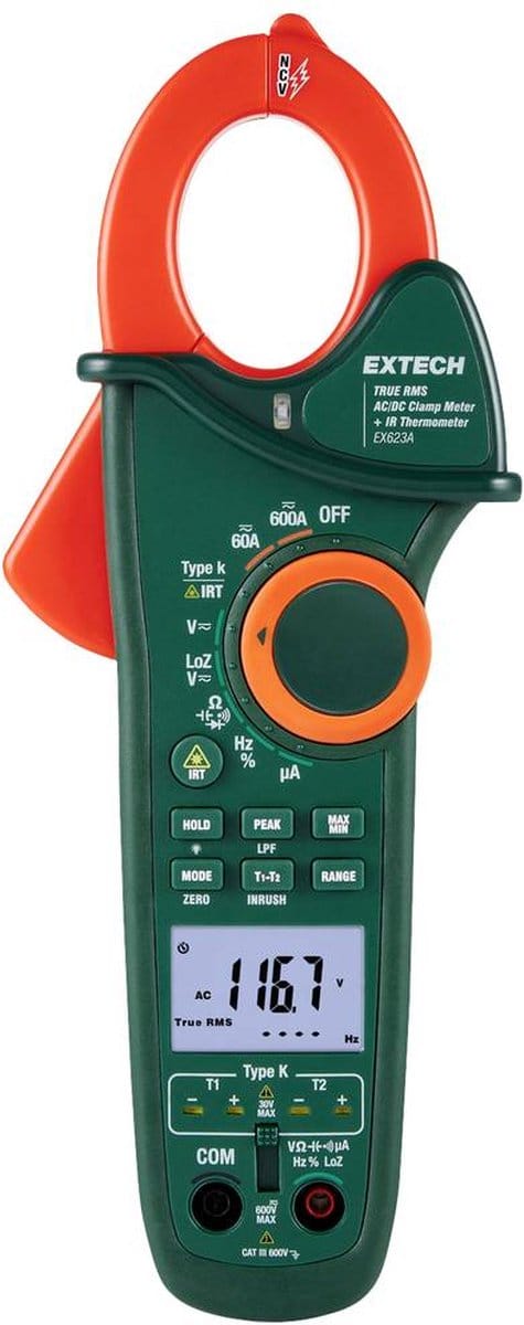 Extech EX623A Stroomtang – Digitaal – IR-thermometer – CAT III 600 V – Weergave 6000 counts