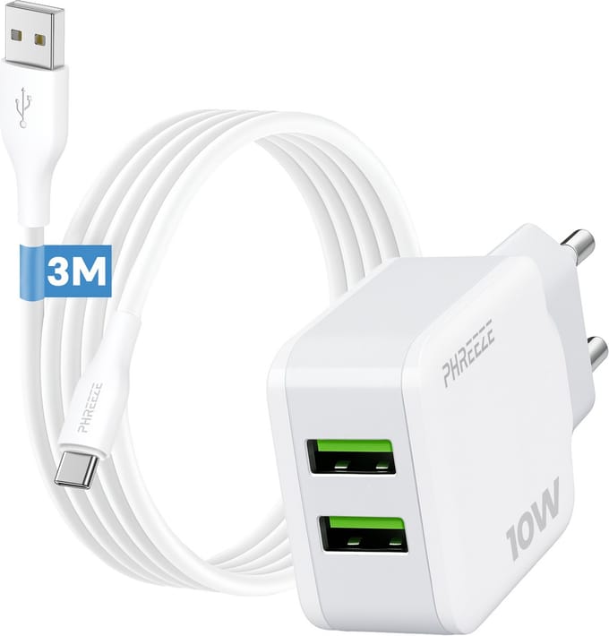 Phreeze usb adapter 10 W - Usb C naar usb kabel 3 meter - Dubbele usb poort oplader voor telefoon en tablet