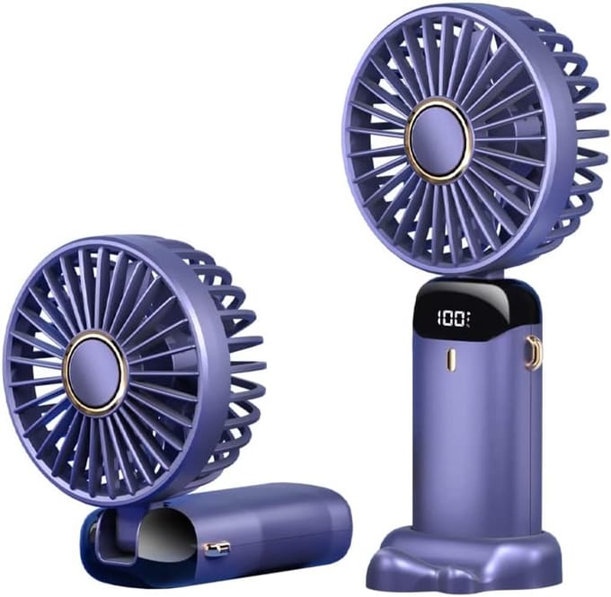 Compacte paarse oplaadbare handventilator met digitaal LED-display, 5 instelbare windsnelheden, flexibel verstelbaar, fluisterstille koeling, bruikbaar als bureauventilator, handventilator en draagventilator