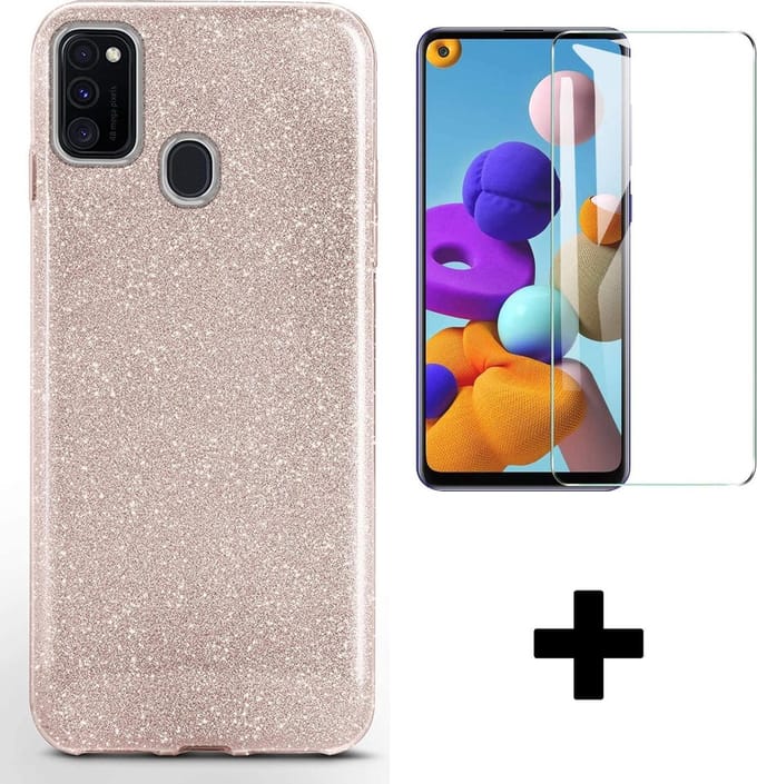 HB Hoesje Geschikt voor Samsung Galaxy A20S - Roze - Glitter Back Cover + Tempered Glazen Screenprotector
