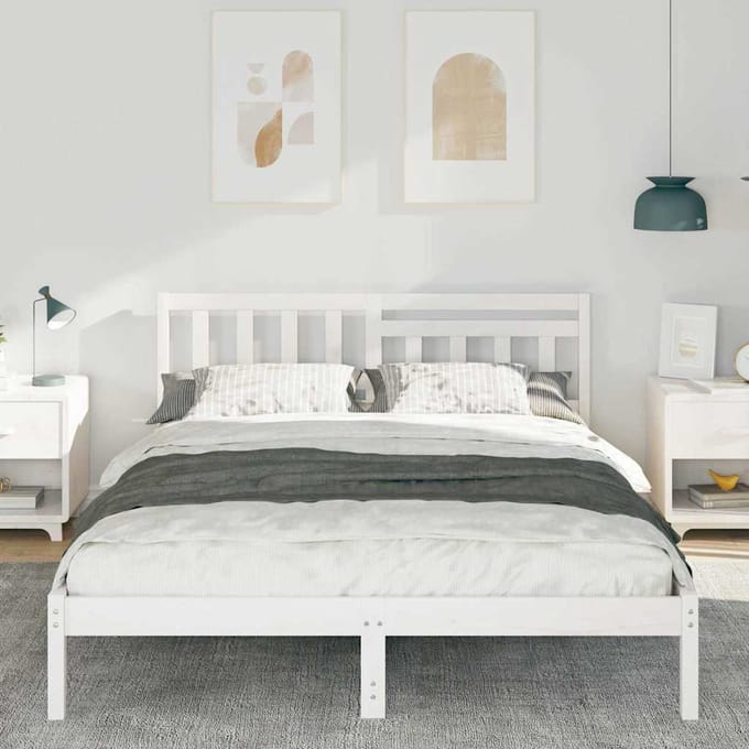 vidaXL - Bedframe - met - hoofdeinde - Wit - 160 - x - 200 - cm - Massief - grenenhout