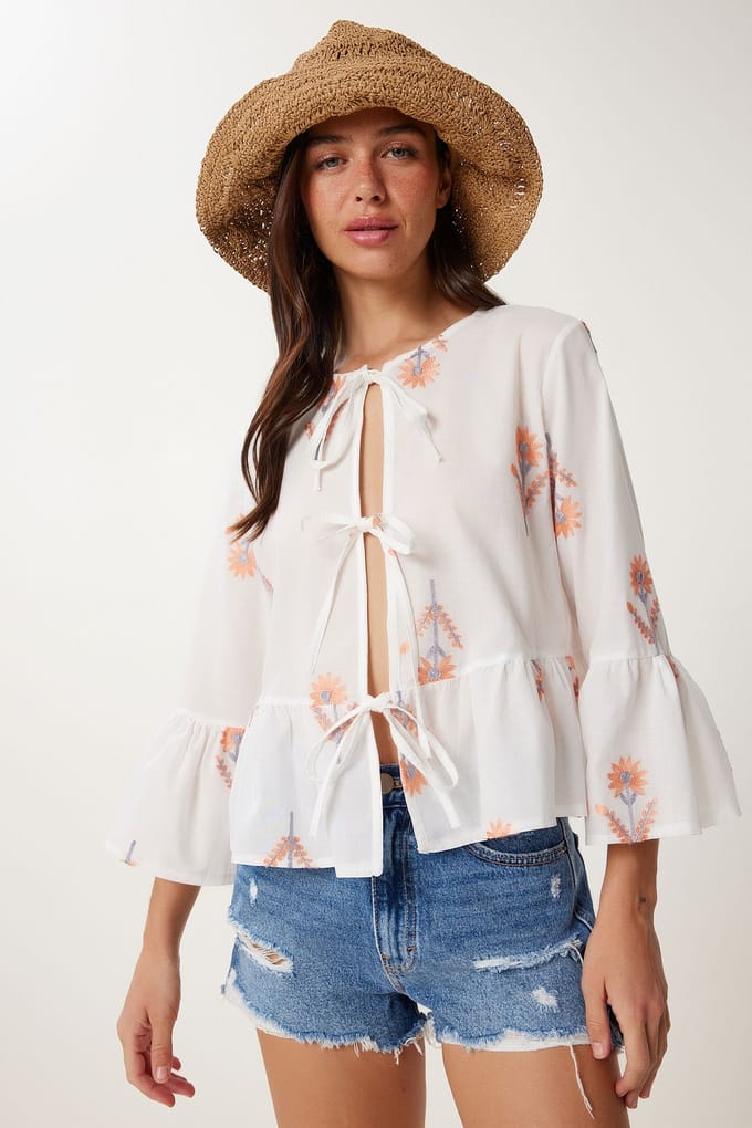 Rimpelige Crewneck Lange Mouw Bloemenblouse