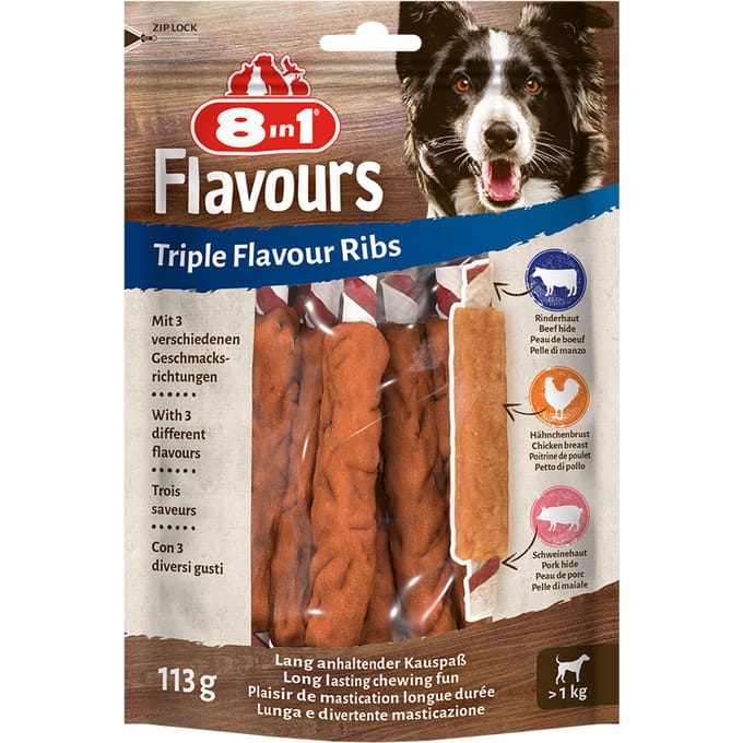 3x6 Stuks Triple Flavour Ribs Kauwsticks 8in1 Hondensnacks