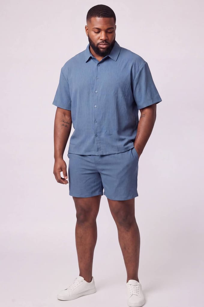 Plus Katoenen Gaas Oversized Boxy Shirt En Relaxed Short Set | Slate Blue | Size 2XL