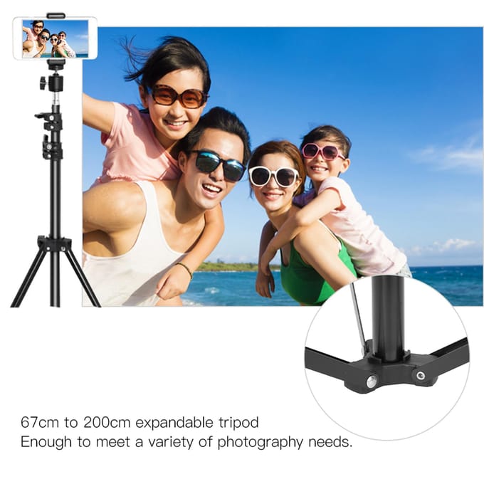 Trépied pour appareil photo numérique extensible 200 cm avec rotation à 360 degrés et support de téléphone réglable black