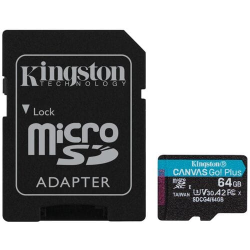 Kingston Technology 64 GB microSDXC Canvas Go Plus Gen4 200 MB/s A2 U3 V30 kaart en adapter