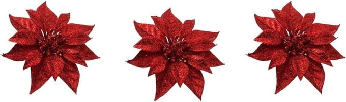 Cosy & Trendy Kerstboomversiering - 3x - bloem - op clip - rood - kerstster - 18 cm - kerstversieringen