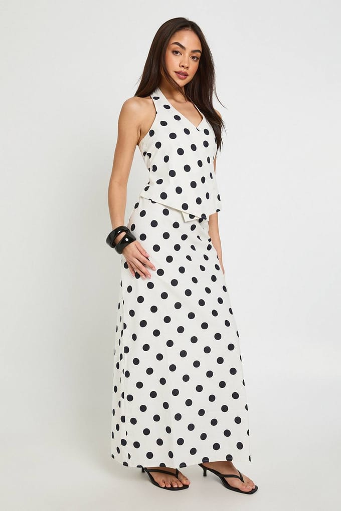 boohoo Dames Polkadot Linnen Look Lage Taille Maxi Rok | Wit | Maat: 36